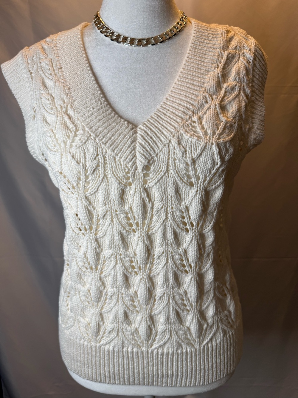 Women's Cream Cable Knit V-Neck Sweater Vest